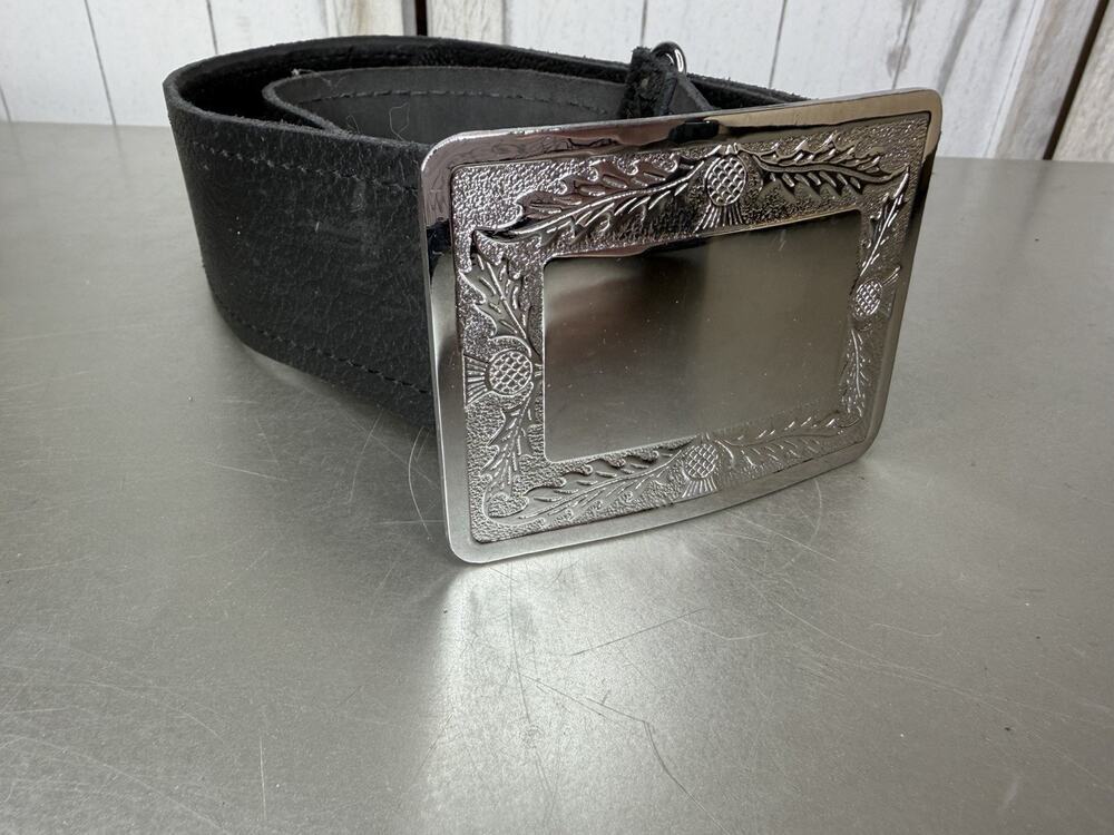 Black KILT Leather BELT SCOTTISH THISTLE SILVER BUCKLE Size Large XL Highland